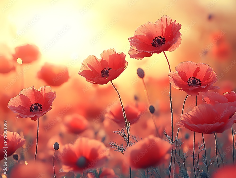 Obraz premium Poppy field at sunset