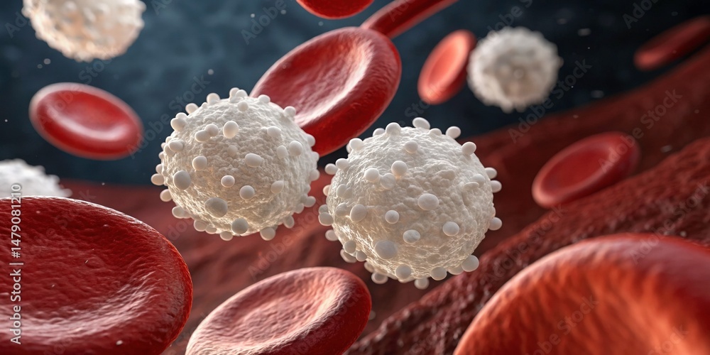 White Blood Cells & Red Blood Cells Microscopic View - Medical Illu.