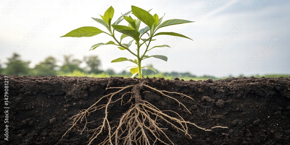 Young Plant Roots in Soil, Growth, Nature - Sustainability