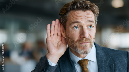 Attentive Businessman: A focused businessman intently listens, hand cupped to his ear, demonstrating attentiveness and engagement in a professional setting.