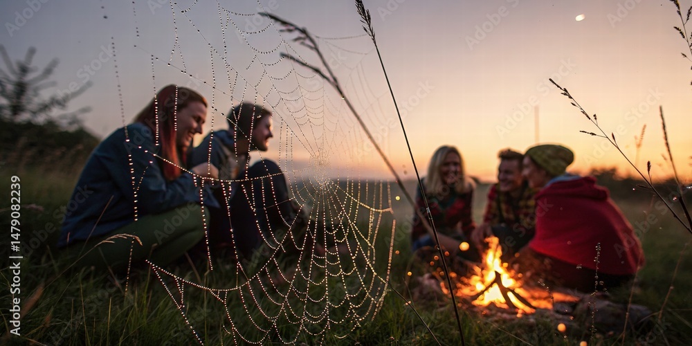 Dew-Kissed Web: Friends Campfire Sunset - Golden Hour Photography