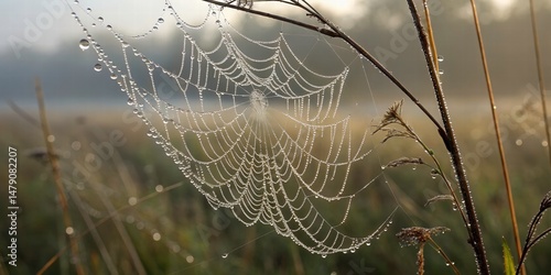 Obraz na płótnie Dew-Kissed Spiderweb, Nature Macro Photography - Nature Macro Photo. w salonie