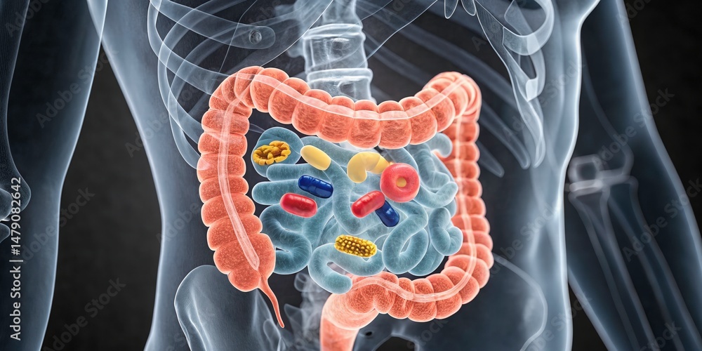 Human Gut Microbiome & Probiotics 3D - Medical illustration
