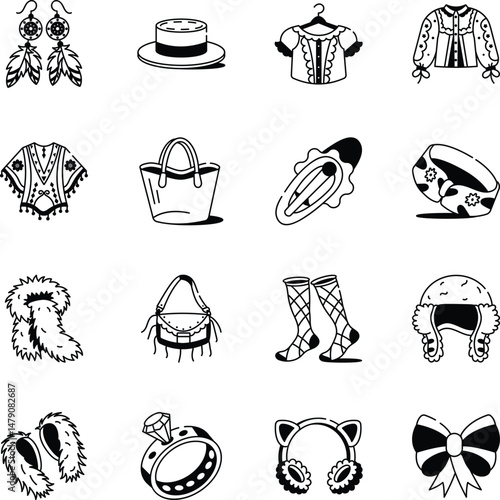 Collection of Fashion Accessories Hand Drawn Icons 
