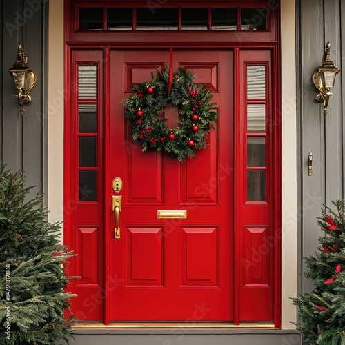 Red double doors decorated with pine garlands, baubles, and wreaths with lights, framed by stone walls and flanked by evergreen shrubs. Generative by AI.