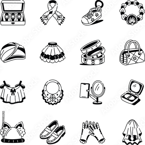 Set of Girly Accessories Hand Drawn Icons 