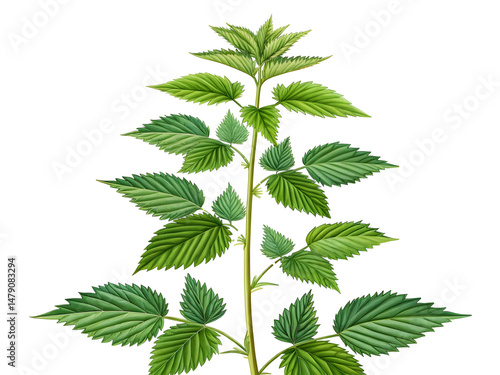 Detailed botanical illustration of a fresh green stinging nettle plant isolated on black