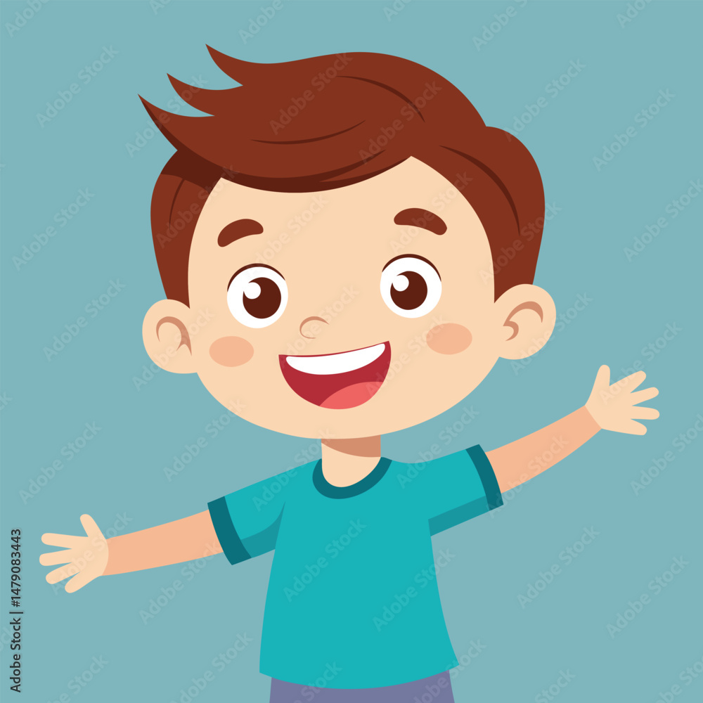 Happy Little Boy with Arm Outstretched, Smiling and Looking at Camera Illustration Happy Little Boy with Arm Outstretched, Smiling and Looking at Camera Illustration