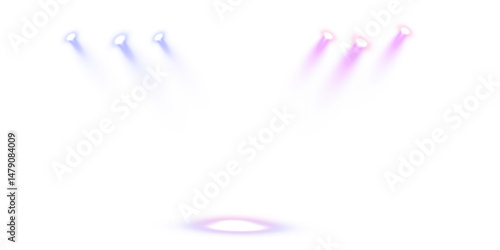 Vector stage lighting with LED strobe effects - blank performance background with laser light stitches and coloured spotlights, concert or club event illustration on transparent

