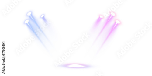 Vector stage lighting with LED strobe effects - blank performance background with laser light stitches and coloured spotlights, concert or club event illustration on transparent
