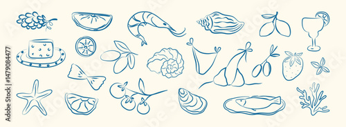 Italian summer set. Hand drawn doodle greek seafood, coast sea elements for placard, Italy menu, poster. Coastal Greece foods, oyster, olive, lemon, shell, shrimps, fish, tomato. Ink vector illustrati