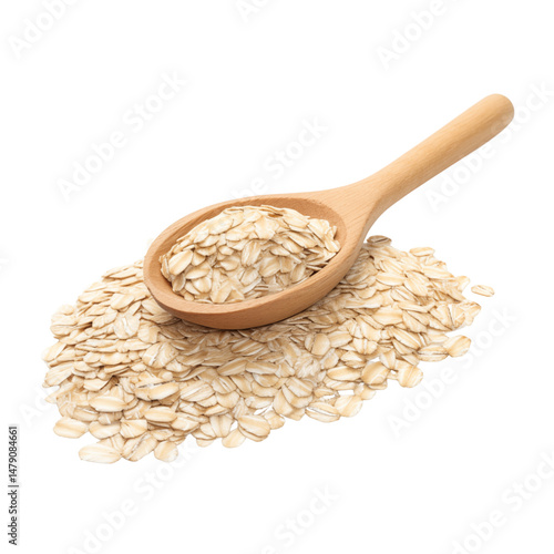 Fresh rolled oats in wooden spoon, showcasing natural texture and color, perfect for healthy meals and snacks, isolated on transparent background