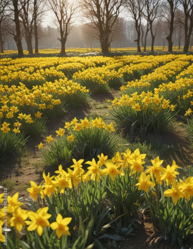 Obraz premium Sunny field ablaze with vibrant yellow daffodils, springtime bloom , countryside, flora