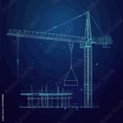 Abstract digital wireframe of tower crane lifting concrete slab over construction site with starry dark blue background construction technology concept vector illustration
