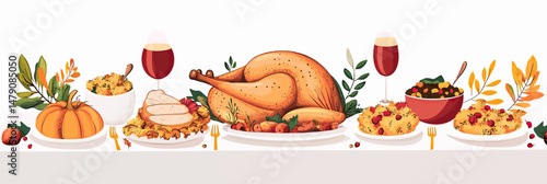 Thanksgiving dinner table with roasted turkey stuffing pumpkin pie wine salad cranberries autumn leaves festive meal vector flat minimalist illustration