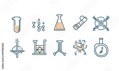 Set of minimalist science and laboratory icons with test tubes, molecular structure, chemical flasks, DNA, centrifuge, gyroscope, and molecular models in line art style