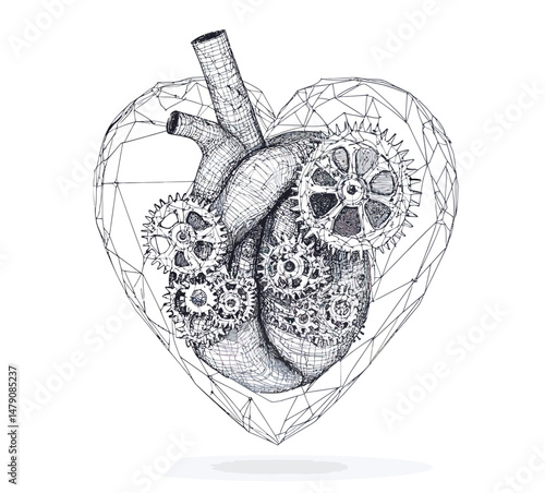 Detailed wireframe anatomical human heart with mechanical gears and cogs inside polygonal heart shape technology concept illustration