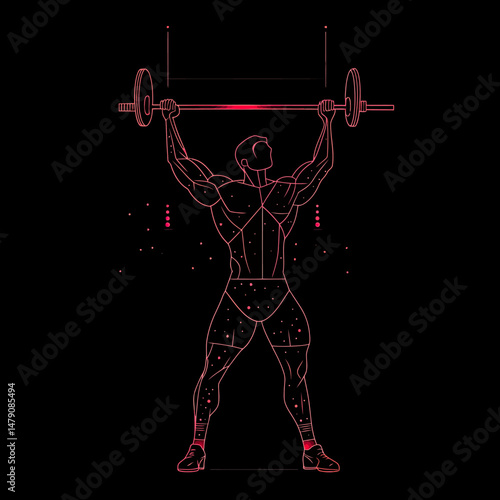 Muscular weightlifter lifting barbell overhead in stylized glowing red line art silhouette on black background vector illustration of strength training motion