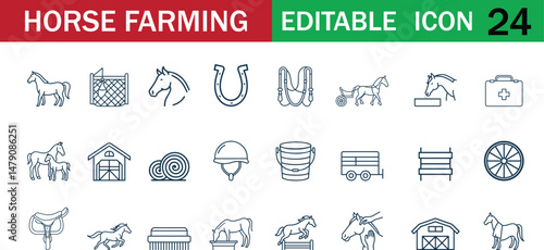 Horse Farming Editable Line Icons – Vector Pack Featuring Equestrian, Ranch, Riding, Horse Care, Barn, Saddle, and Stable Elements for Agricultural, Farm, and Animal Husbandry Projects.