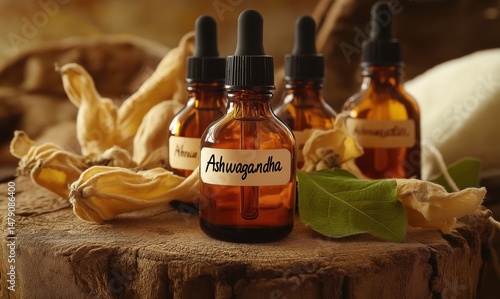 Ashwagandha Herbal Extract Bottles on Wood with Flowers and Green Leaves