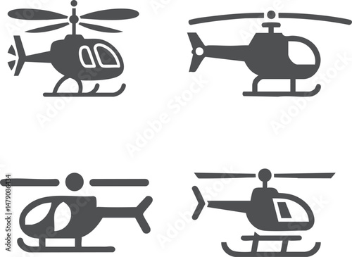 Set of Helicopter Icons – Aviation Symbols, Rotorcraft Graphics, Air Travel and Transport Icons, Helicopter Vector Illustrations