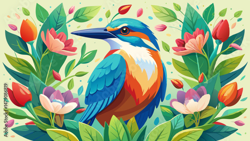 The composition blends motion and stillness, ideal for vector art that celebrates both wildlife and the blossoming rhythms of spring. It's a portrait of harmony between bird and bloom.