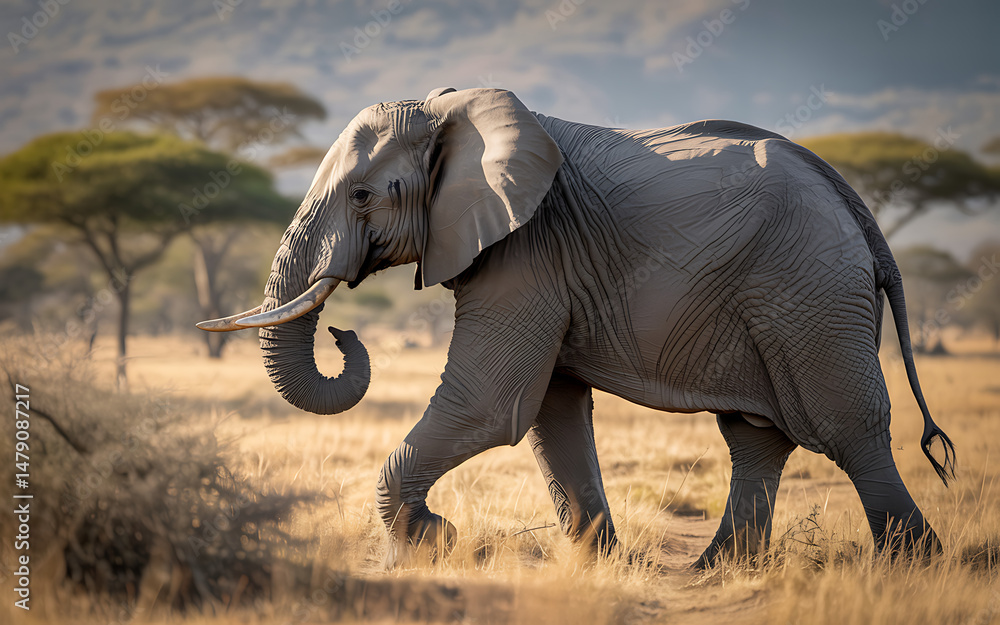 Fototapeta premium Side view of an elephant walking with a raised trunk, detailed wrinkles and tusks