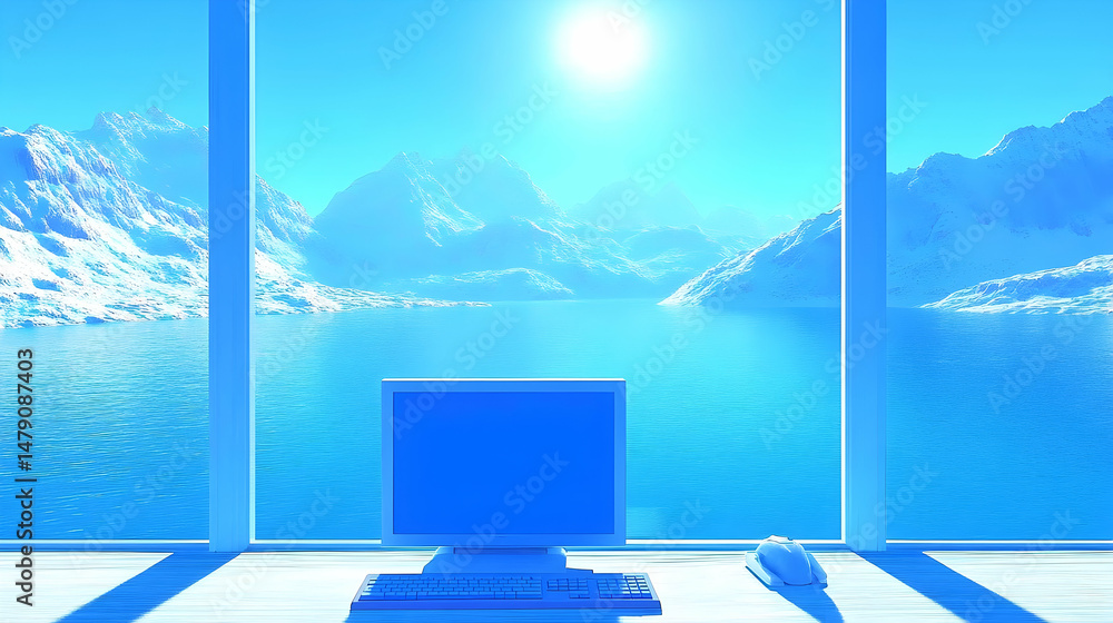 Fototapeta premium Serene winter landscape view from office window computer screen