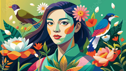 The composition blends motion and stillness, ideal for vector art that celebrates both wildlife and the blossoming rhythms of spring. It's a portrait of harmony between bird and bloom.
