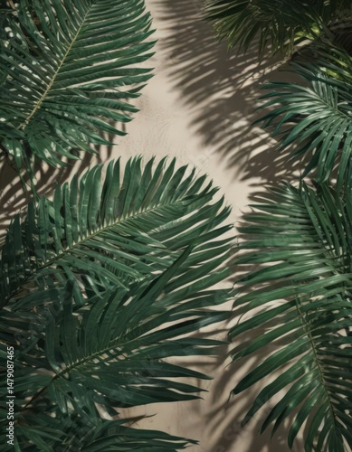 Deep emerald palm leaves, intricate veins, shadows play across surface ,  shadow,  rich,  tropical