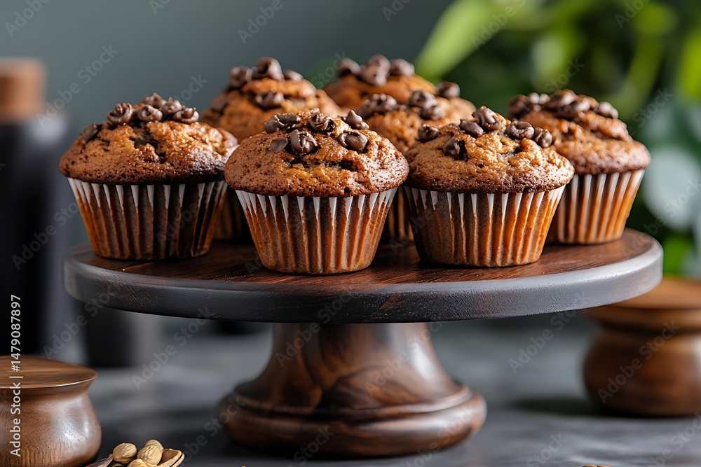Chocolate chip muffins arranged on a wooden stand Chocolate chip muffins arranged on a wooden stand