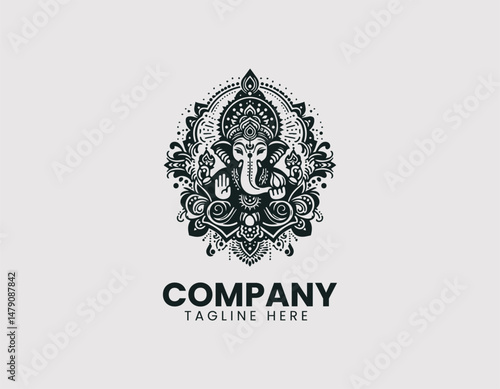 Revered Lord Ganesha with Divine Symbols Traditional Patterns Vector Logo Design, Honorable Hindu God Ganesha Divine Symbols Traditional Vector Logo, Respected Lord Ganesha Sacred Symbols Traditional 