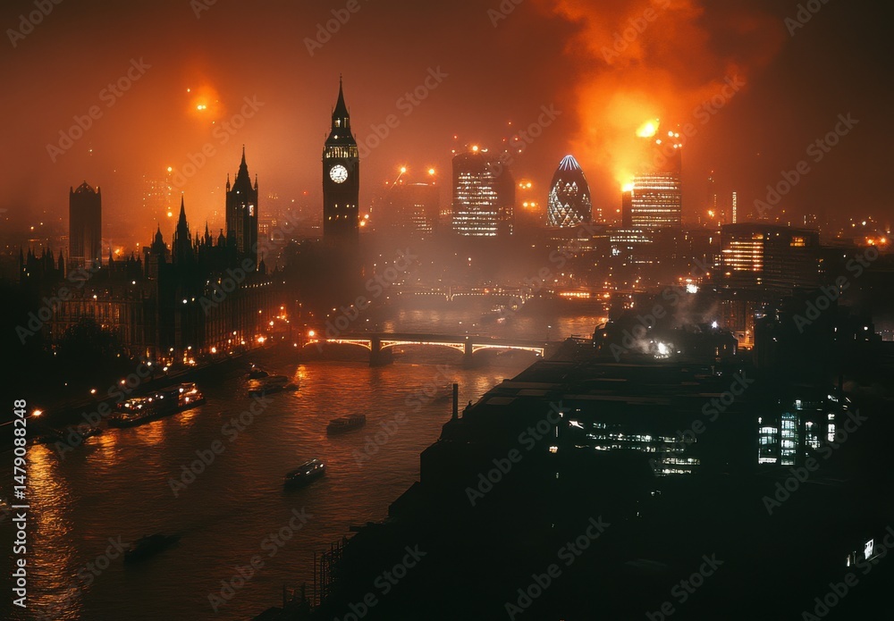 Obraz premium Fiery London Nightscape Orange and Red City Lights Reflecting on River Thames