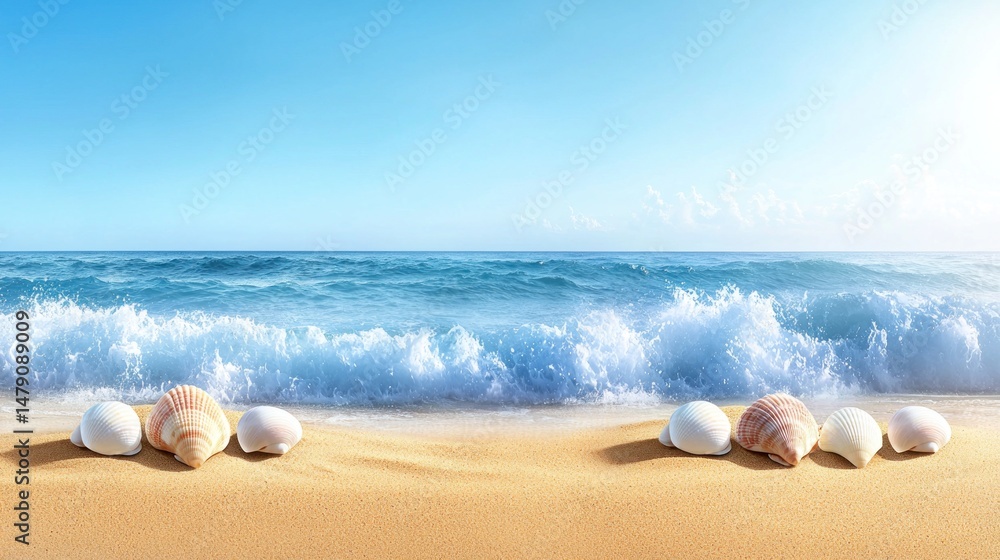 Obraz premium Ocean shore scene with seashells on sandy beach.
