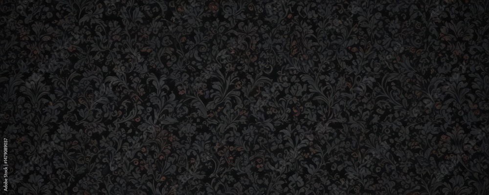 Fototapeta premium Intricate black damask wallpaper; seamless floral vines, gothic pattern, dark, elegant, luxury, graphic, ornate