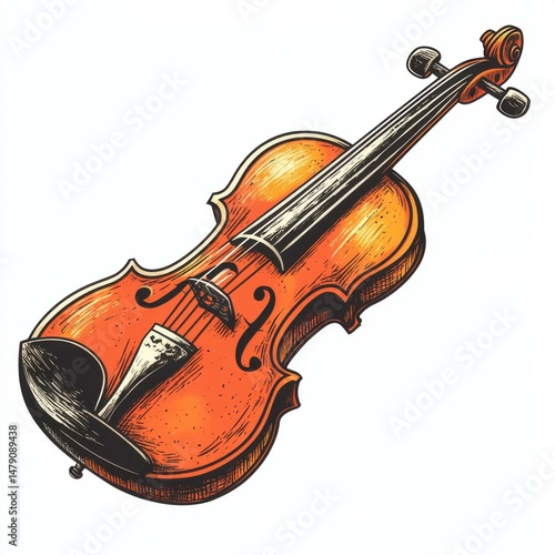 Orange string instrument illustration with detailed engraving style and a white background.
