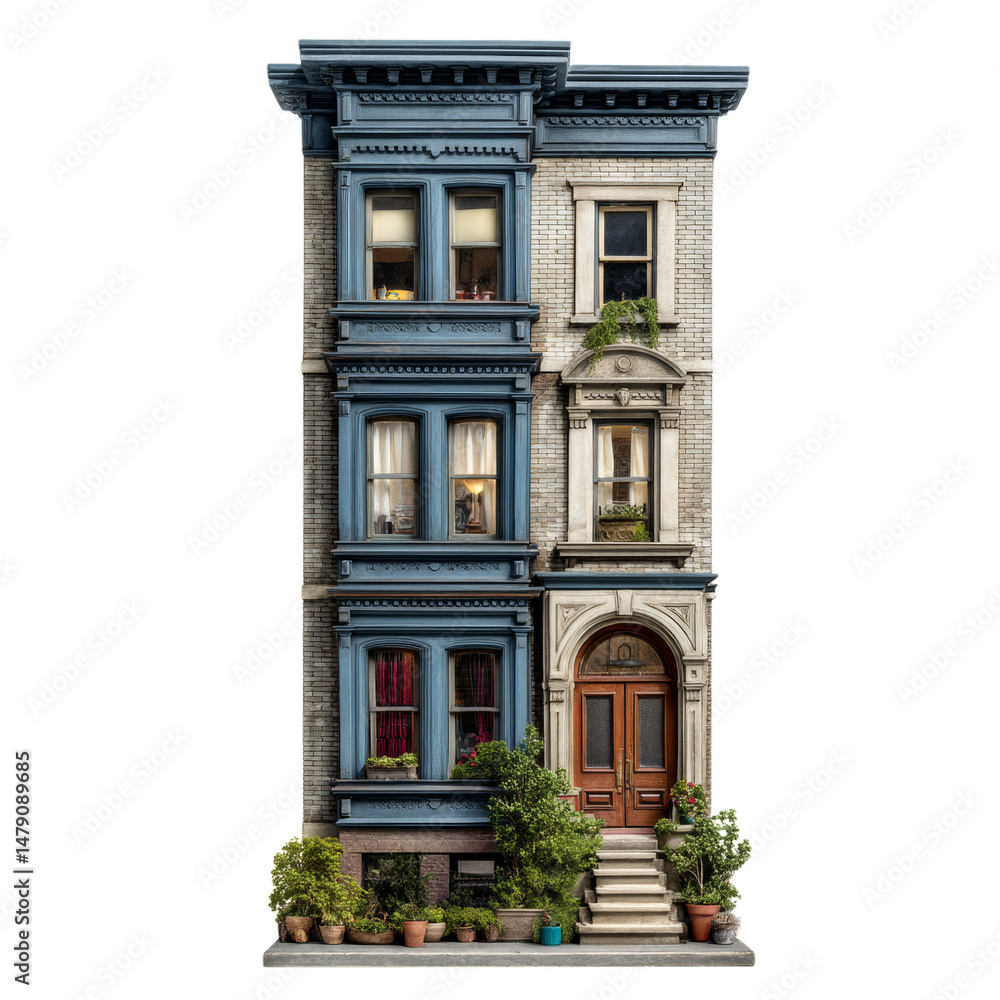 Obraz premium Elegant urban townhouse illustration with vintage architecture, detailed brickwork, and lush greenery. Perfect for real estate, architectural design, and urban lifestyle themes. PNG format on a transp