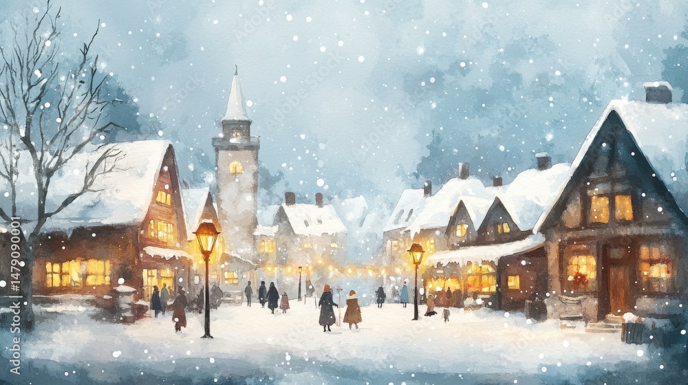 custom made wallpaper toronto digitalEnchanting Winter Village Scene with Snowfall, Warm Lights, and People Walking