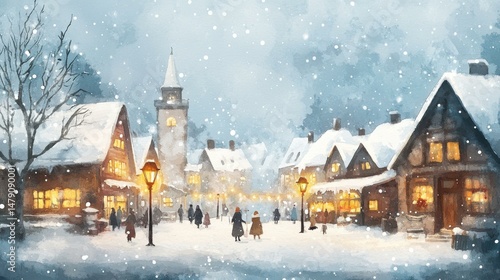 Enchanting Winter Village Scene with Snowfall, Warm Lights, and People Walking