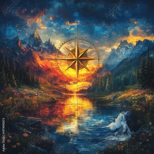 Golden compass guiding through mountainous landscape at sunset
