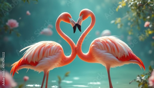 Wallpaper Mural Two pink flamingos forming heart shape with necks in tranquil water with dreamy pink flowers Torontodigital.ca