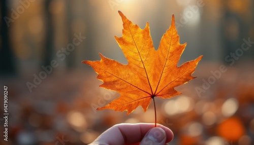 Autumn leaf in hand against a backdrop of blurred woodland, illuminated by golden sunlight in a tranquil setting