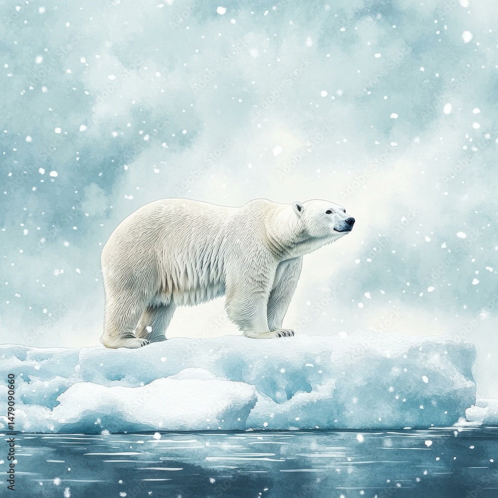 Polar bear on iceberg in arctic snowfall watercolor painting - arctic wildlife, winter scene, climate change illustration. Polar bear on iceberg in arctic snowfall watercolor painting - arctic wildlife, winter scene, climate change illustration.
