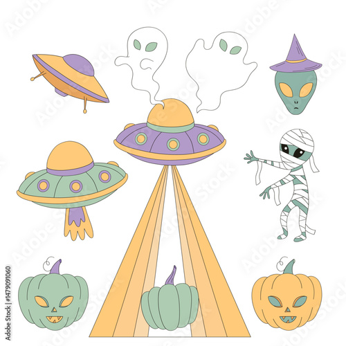 Groovy Creepy Cute ufo flying saucer alien mummy pumpkin ghost in Outer Space hand drawn vector clip-art set isolated on white. Cosmic Spooky Halloween Galaxy design elements.