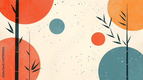 Abstract design featuring bamboo stalks, orange and blue circles, and scattered decorative elements on a light beige background. A modern, nature-inspired composition with balanced colors and shapes.