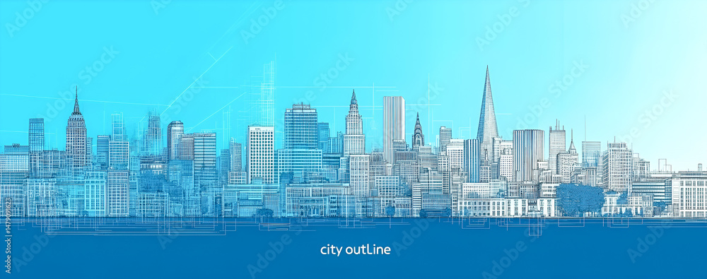 Fototapeta premium Detailed blue outline illustrative vector depiction of a metropolis cityscape skyline architecture concept