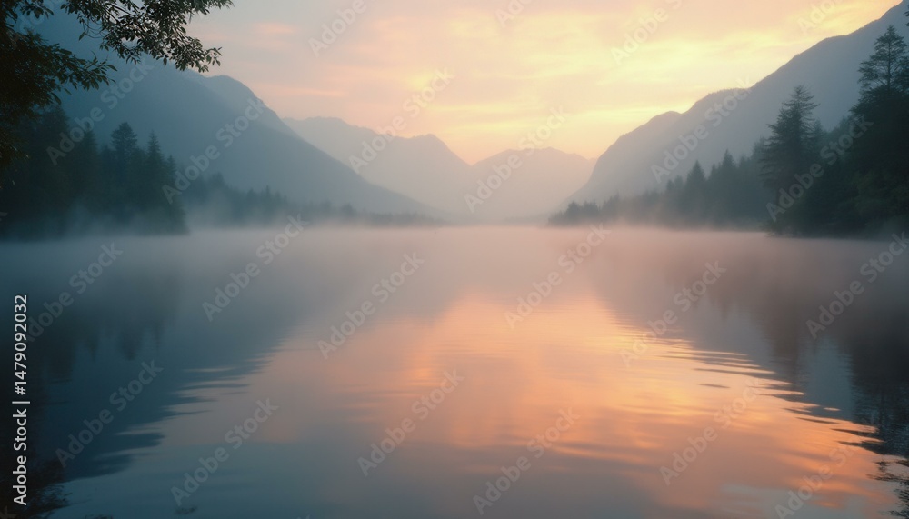 Fototapeta premium Tranquil Lake Scene with Fog and Mountain Reflections at Dawn