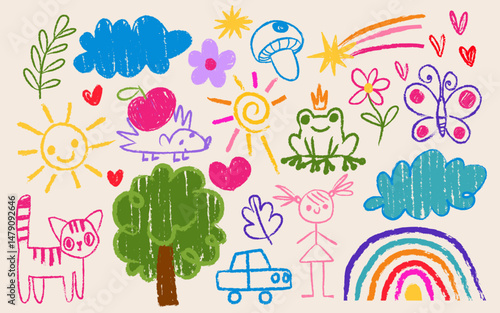 Hand drawn kids crayon pictures set isolated on white background. Vector realistic illustration of cartoon girl, cat, frog, butterfly, summer rainbow and sun, flower, cloud, tree, color chalk icons