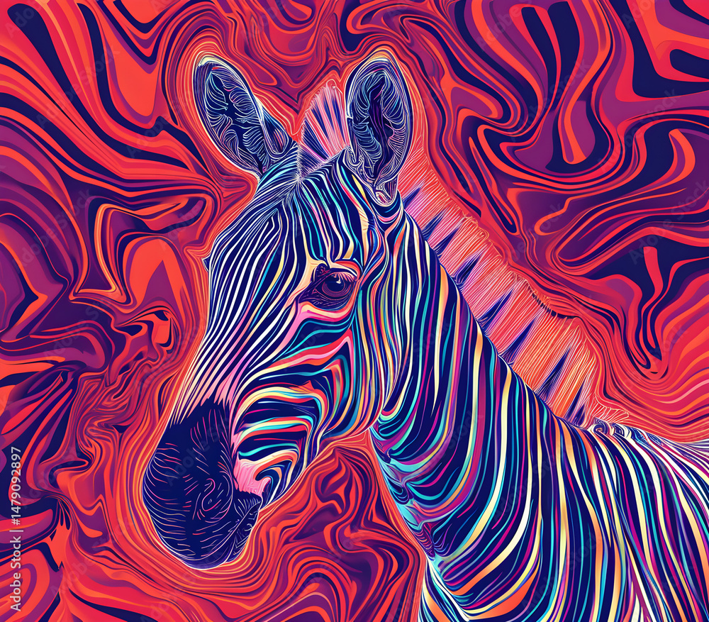 Obraz premium an abstract drawing of a zebra with colorful lines, precisionist lines, light red and indigo, colorful turbulence with mixed pattern colorful background