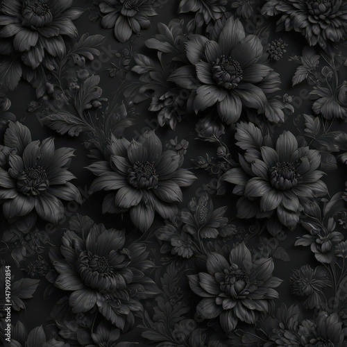 Black floral wallpaper, luxurious charcoal design  Intricate botanicals, rich black, sophisticated pattern ,  floral,  sophisticated